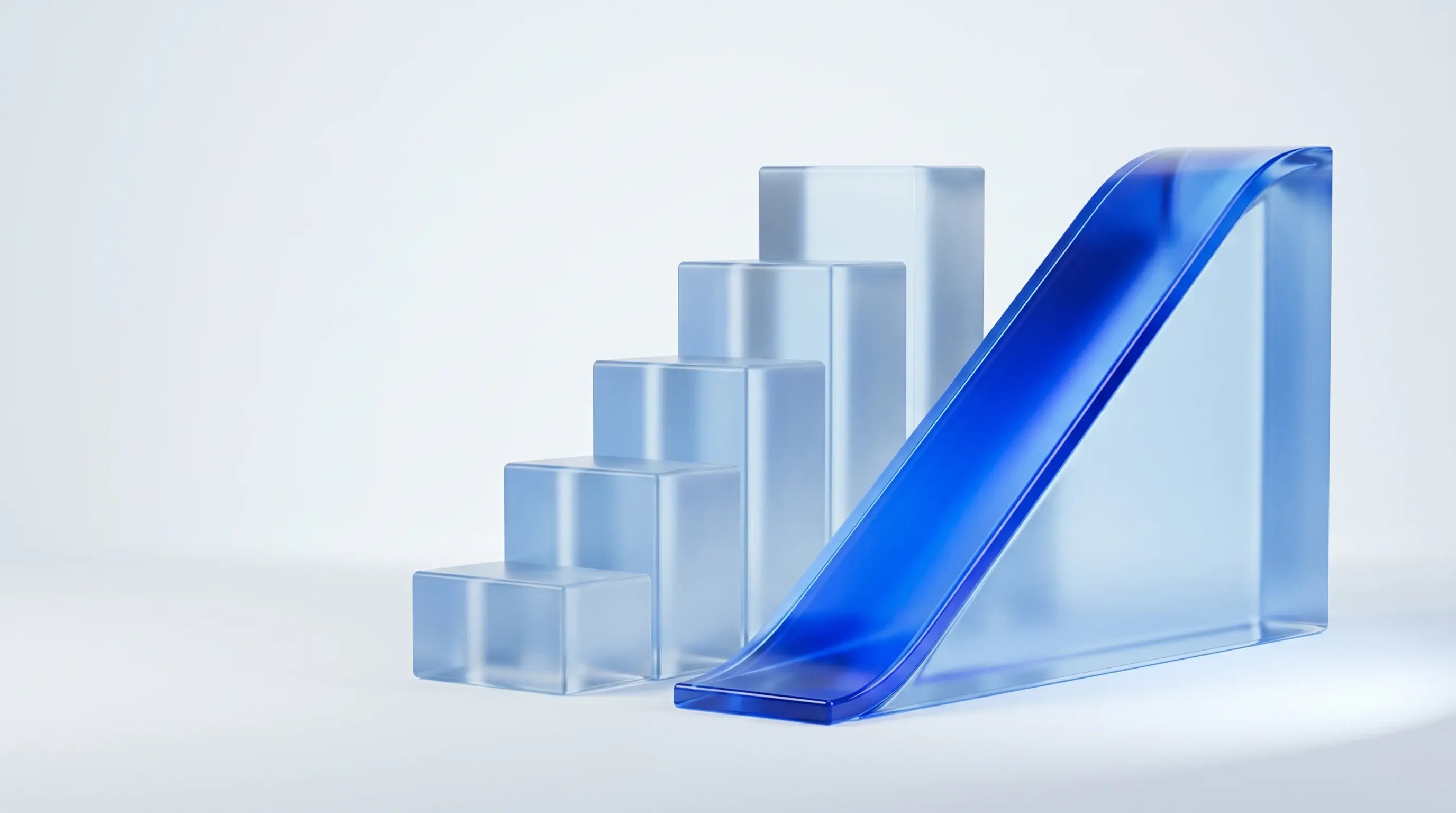 Staircase of stepped glass blocks next to a continuous blue ramp, discrete levels versus continuous scoring