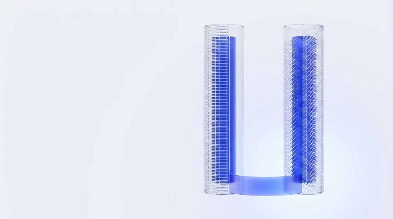 Dos columnas de cristal paralelas con tramas internas distintas unidas por la base, los marcos regulatorios europeos NIS2 y DORA