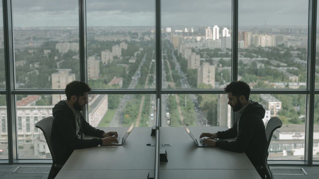 Dos profesionales técnicos trabajando con portátiles en una torre corporativa