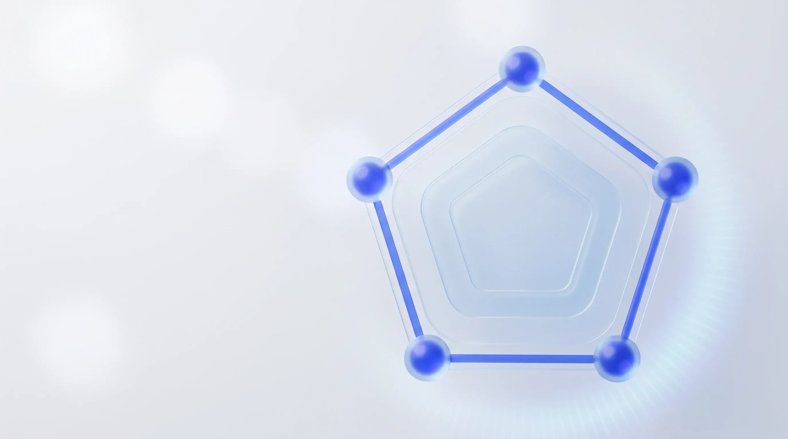 Radar pentagonal de cristal con cinco nodos azules luminosos, los cinco dominios del SOC-CMM
