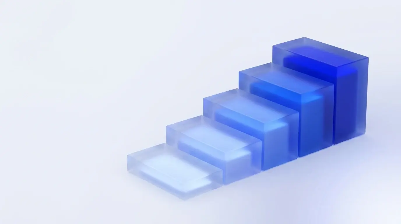Cinco escalones ascendentes de vidrio esmerilado con azul progresivamente más saturado, de pálido a intenso