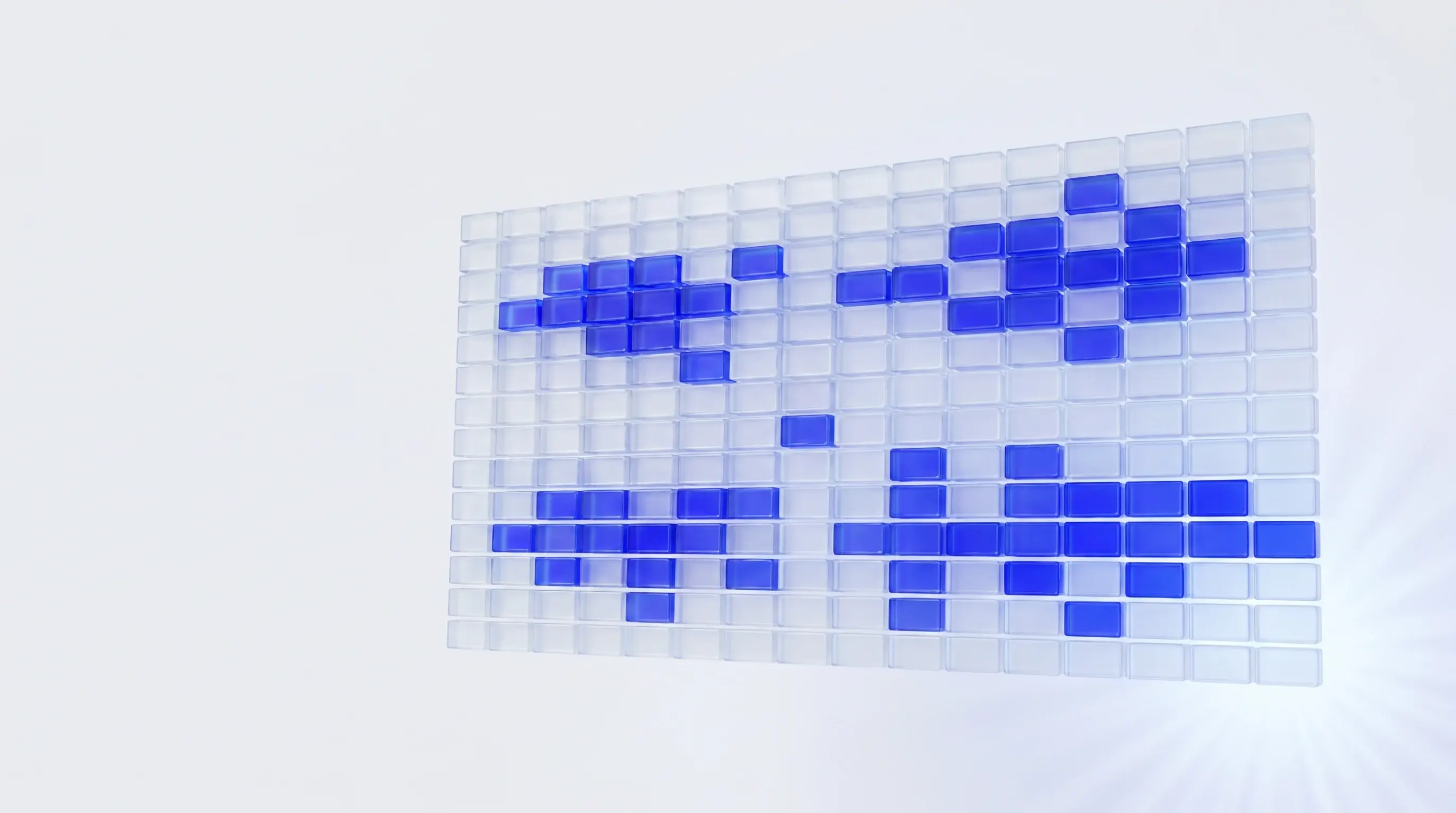 Amplia retícula de pequeñas celdas de vidrio en perspectiva con grupos dispersos brillando en azul real, como una matriz de cobertura