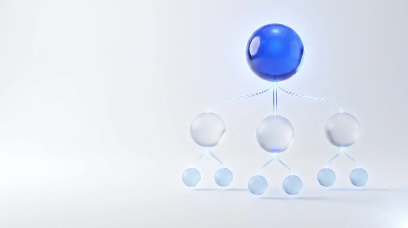Constelación jerárquica: un gran orbe azul superior conectado por cintas de luz a tres orbes medianos de vidrio y seis orbes pequeños pálidos debajo