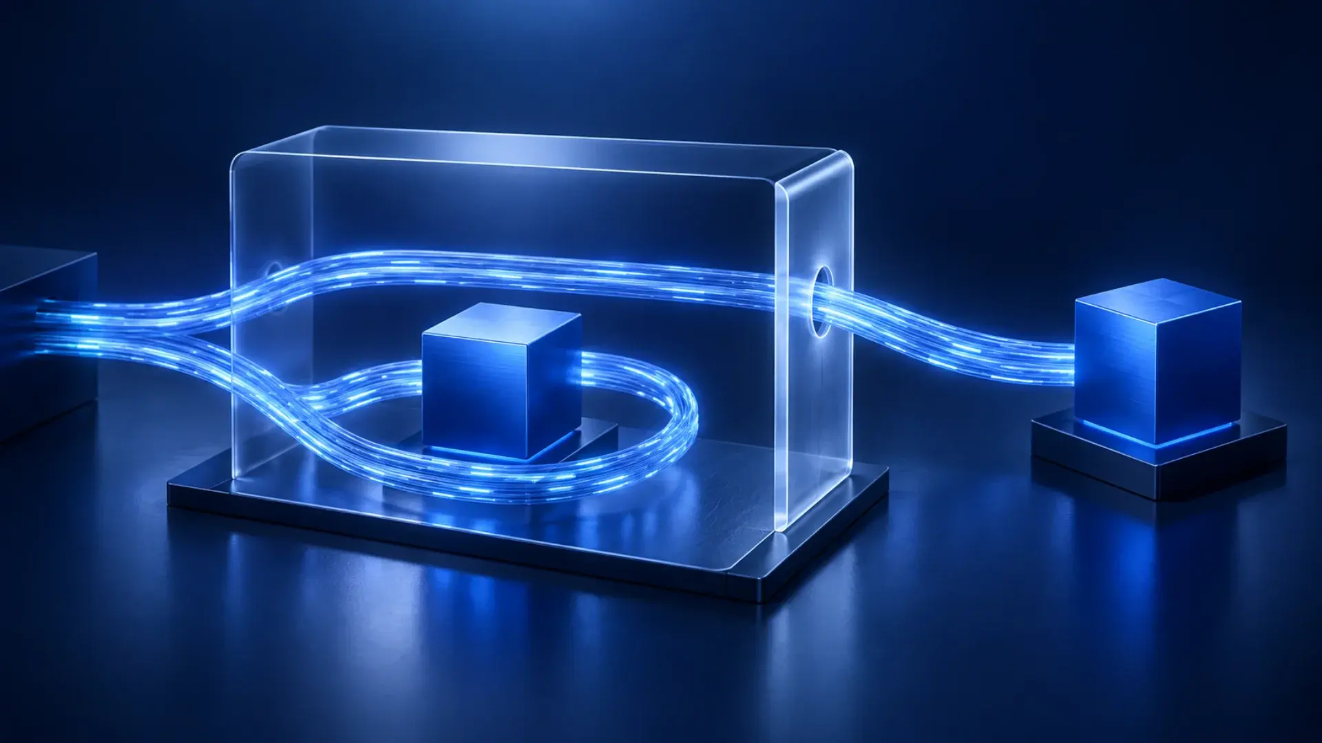 Two blue data paths, one reaching an external service and one contained within a glass boundary