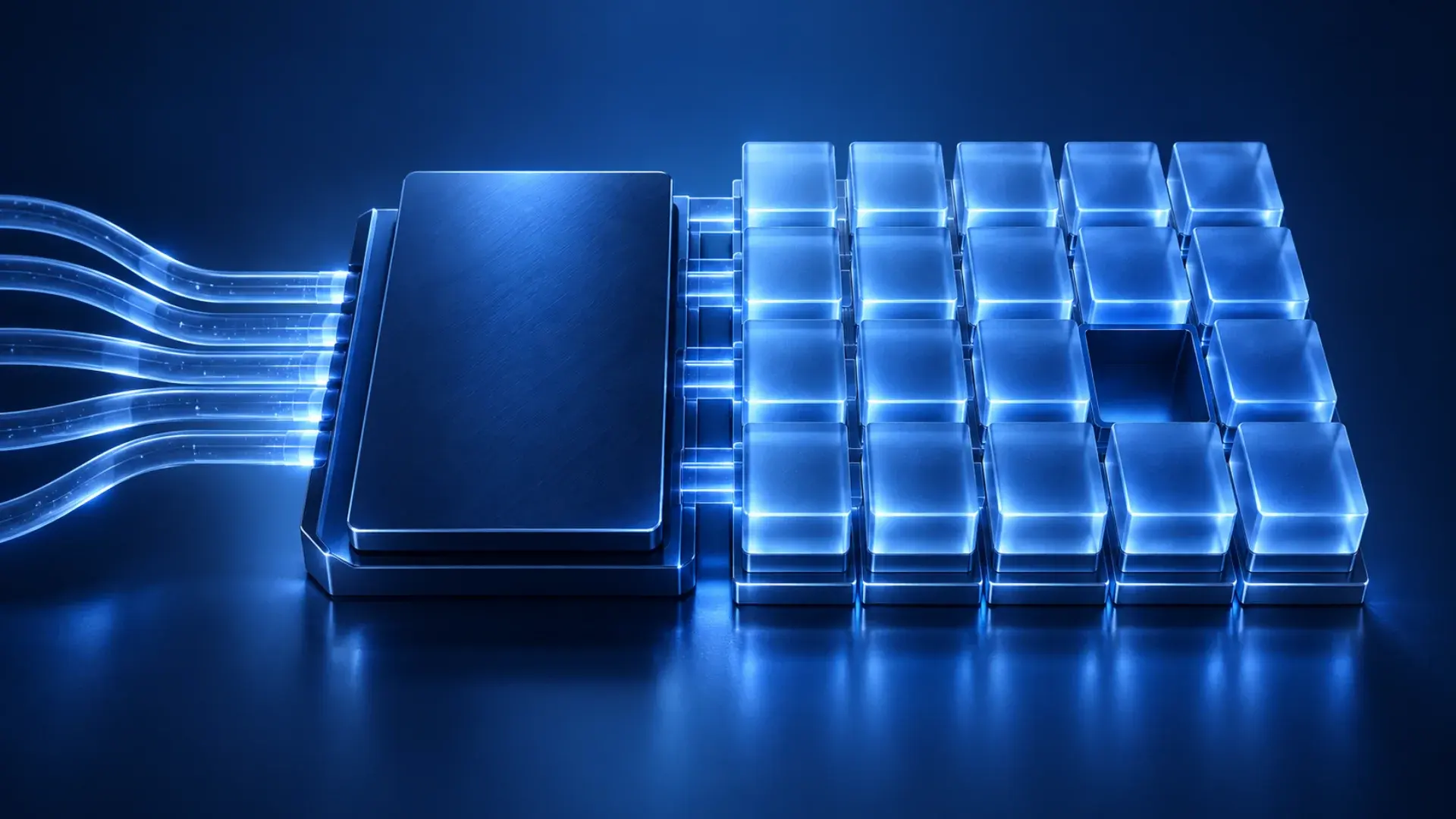Blue memory modules with visible spare capacity inside a glass structure