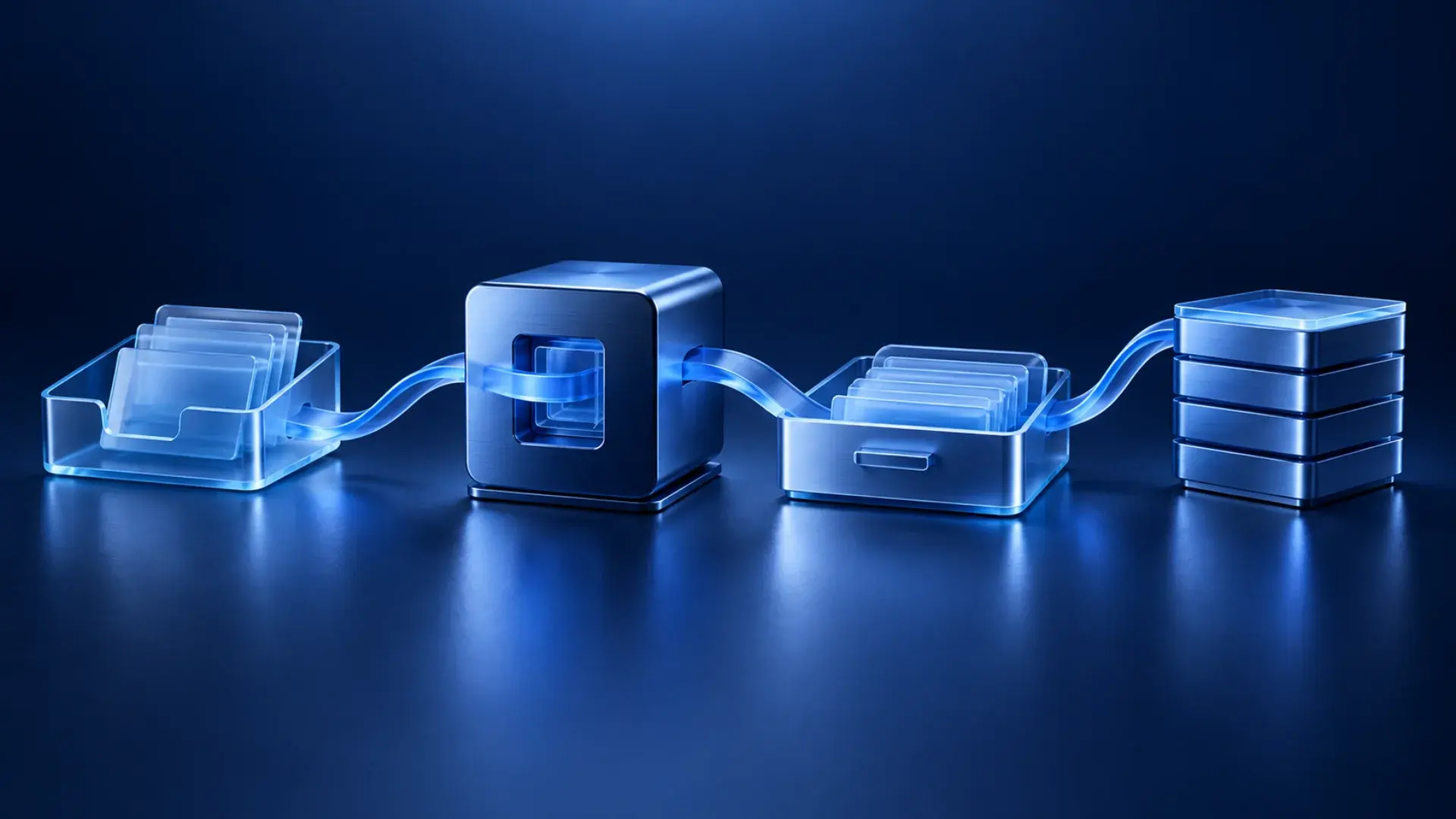 Blue ribbon connecting separate intake, processing, storage and archive stations
