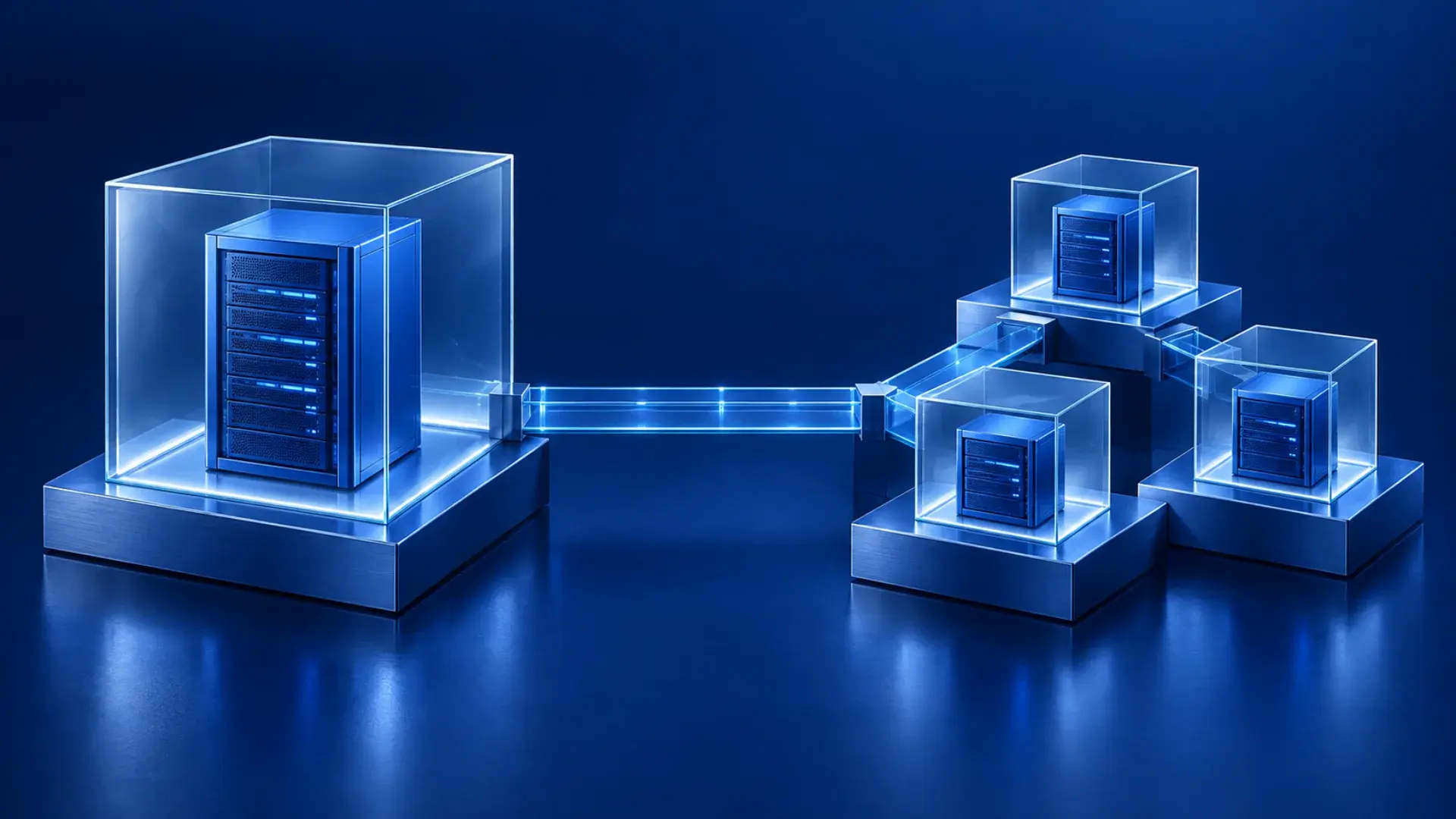 Compact and distributed blue glass server environments joined by a controlled bridge