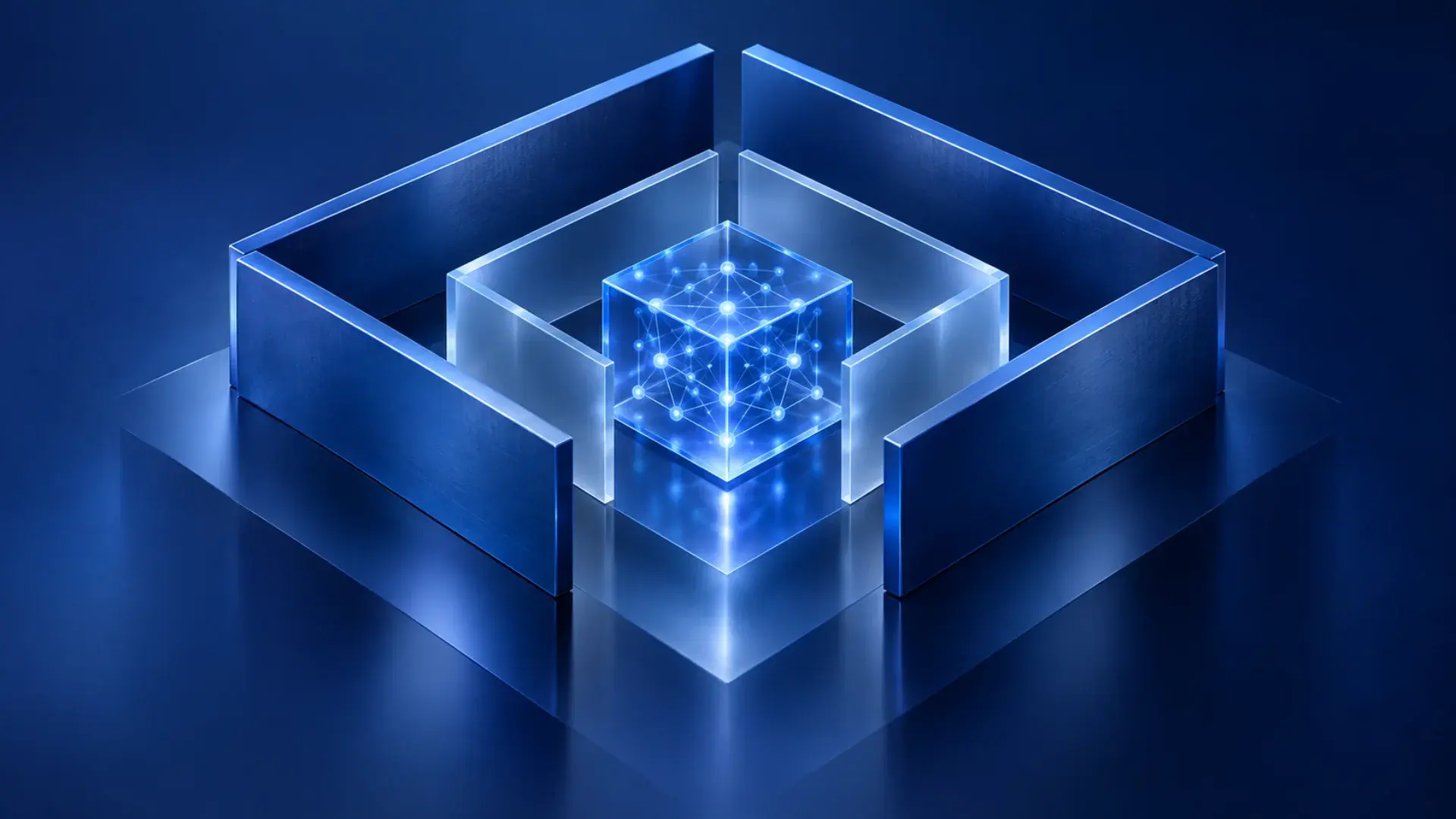 Conceptual blue AI core enclosed by a clear enterprise boundary