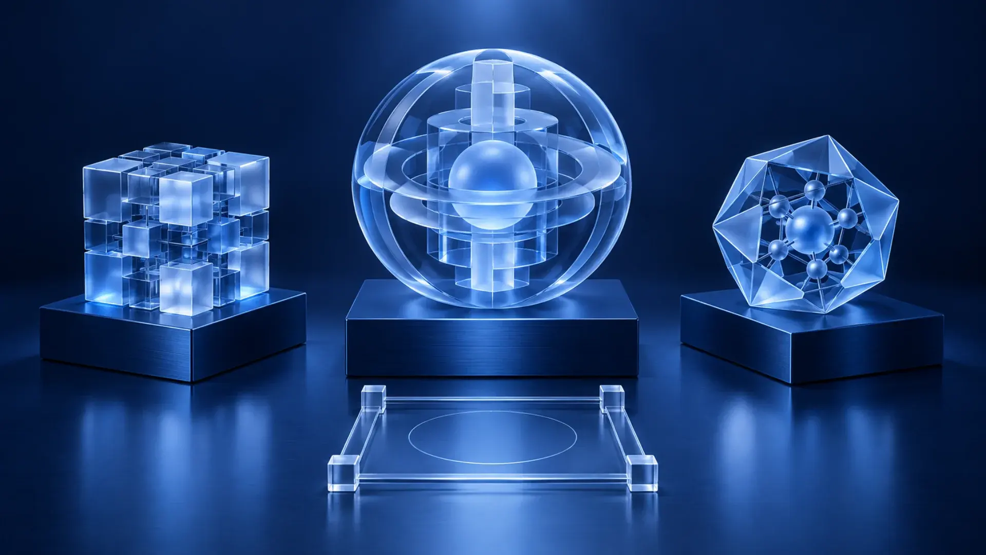 Three blue geometric model cores of different sizes on equivalent evaluation platforms