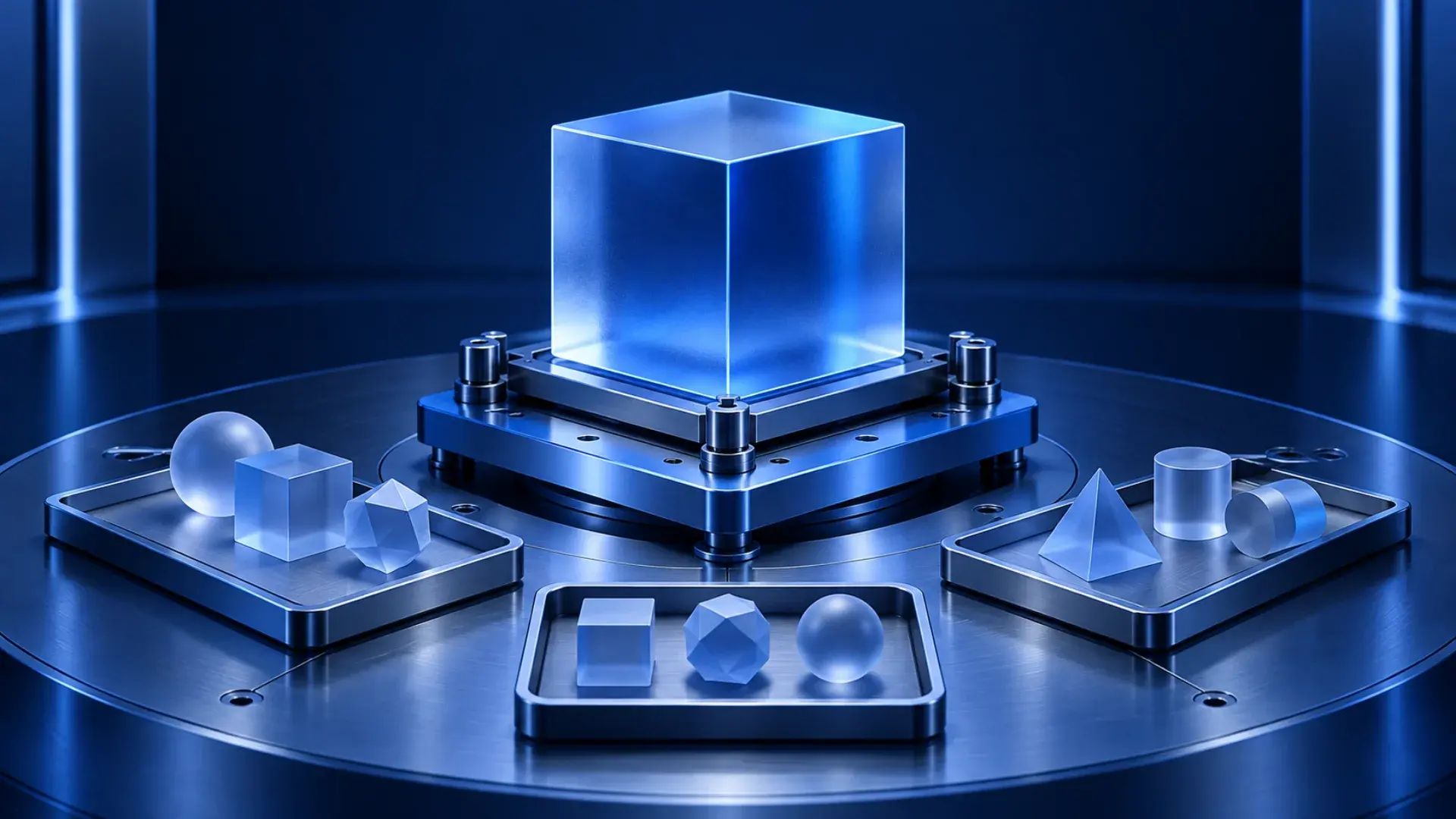 Blue inference core on a test rig beside trays of evaluation samples