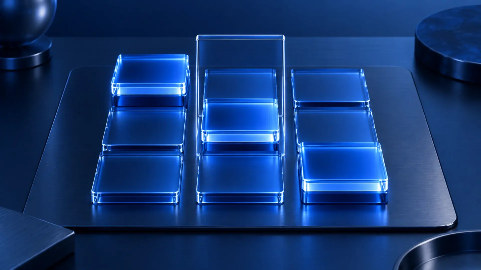 Blue glass assessment grid with one raised cell and a clear review frame