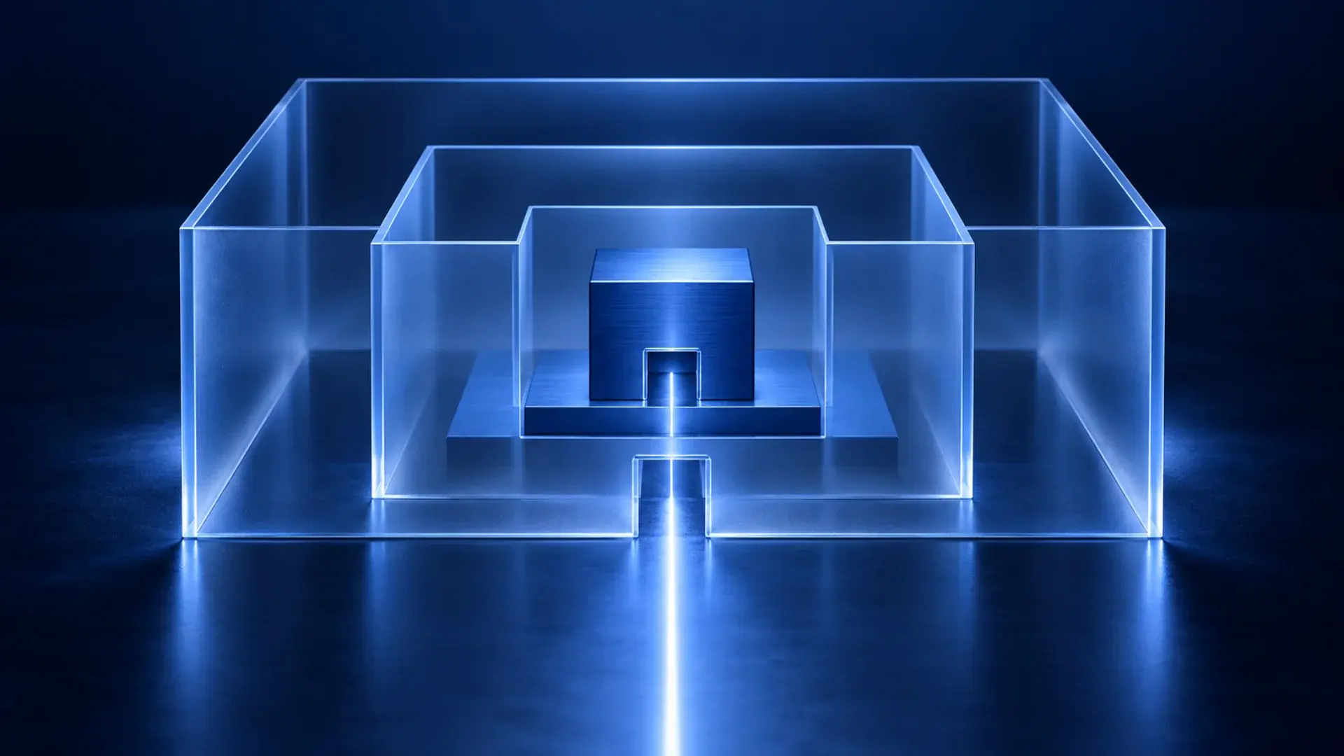 Three rectangular blue glass barriers with aligned gateways surrounding an AI core