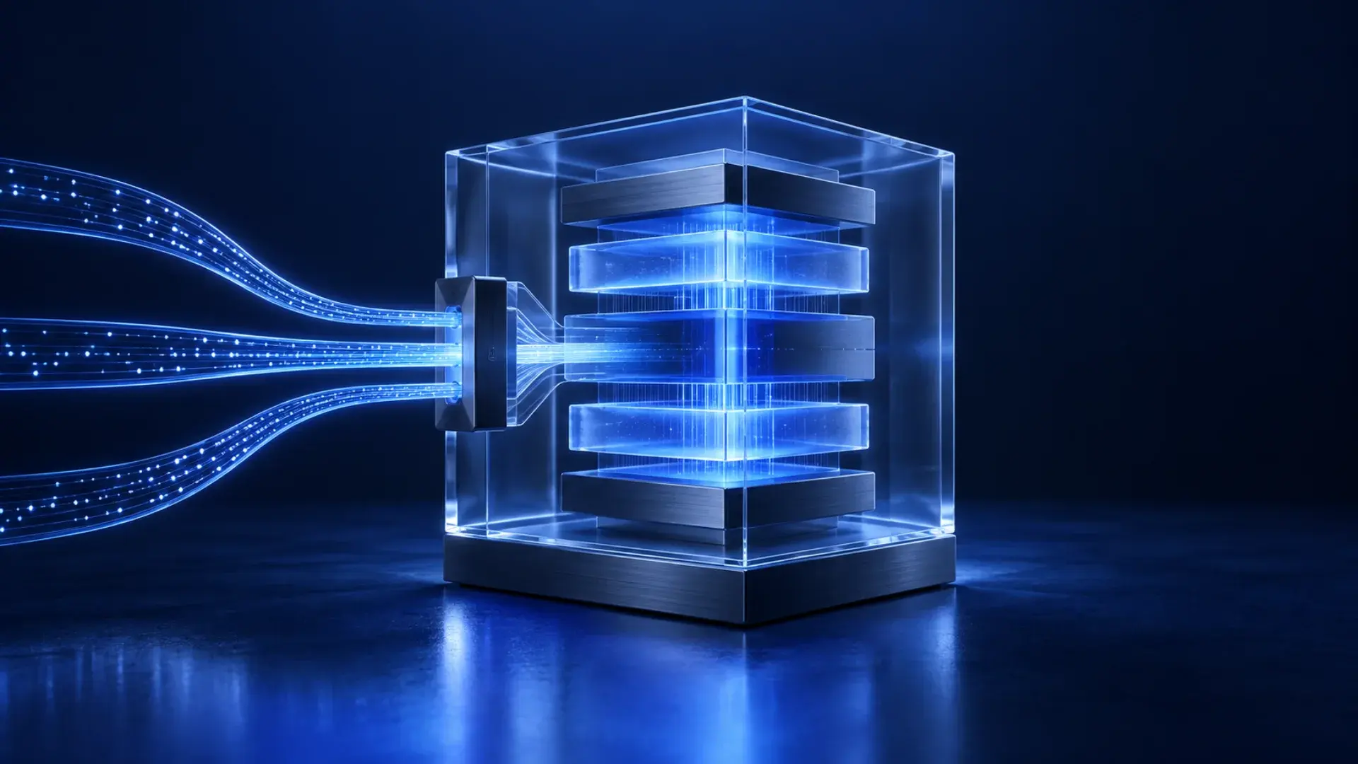 Blue glass server core with a controlled gateway representing enterprise private inference